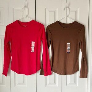 BUNDLE of 2 Long Sleeve Crew Neck Ribbed Tees Large Red and Pink BRAND NEW NWT